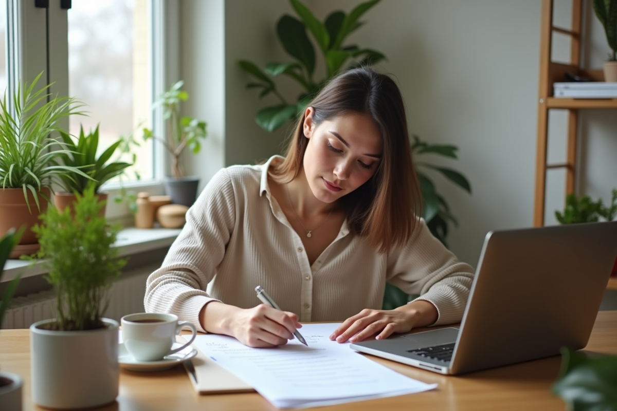 Femme assise à un bureau moderne remplissant un formulaire