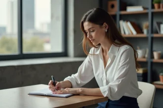 Femme en bureau prenant des notes dans un environnement calme