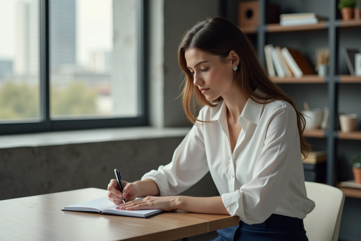 Femme en bureau prenant des notes dans un environnement calme