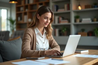 Femme organisée travaillant sur son ordinateur à la maison