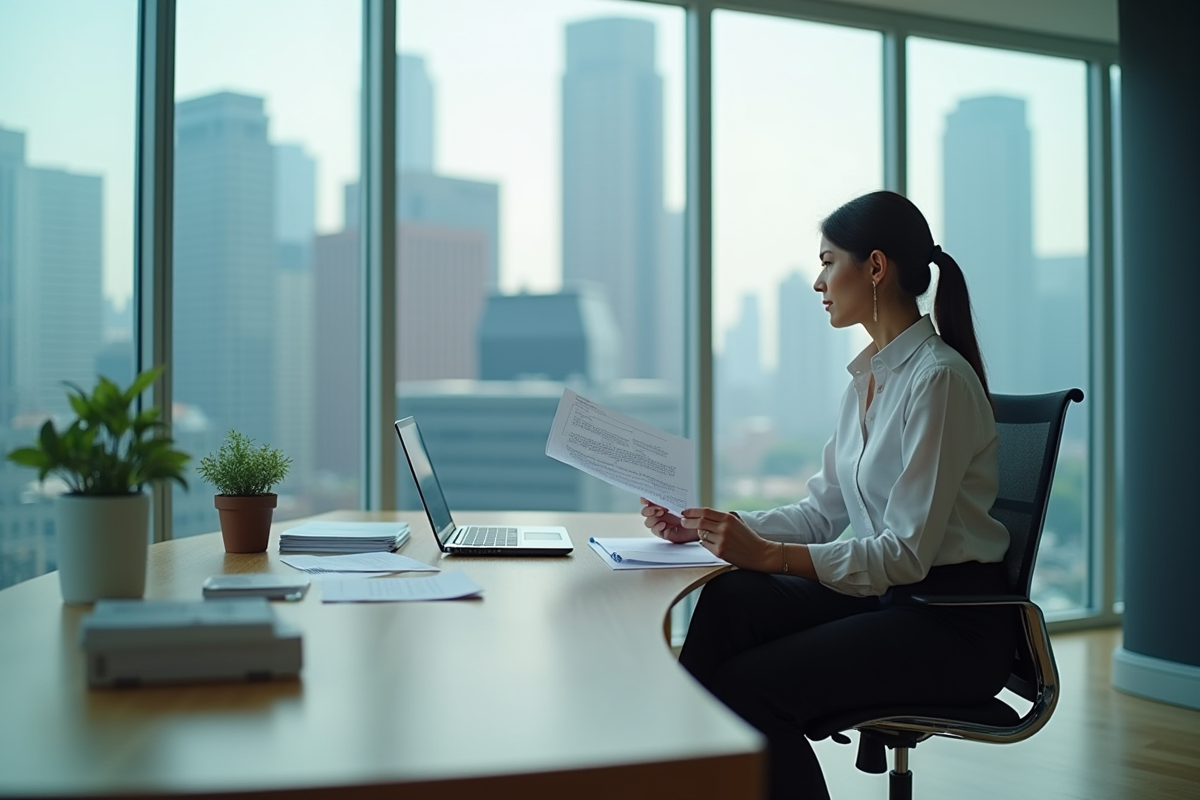 Femme d affaires dans un bureau avec vue sur la ville