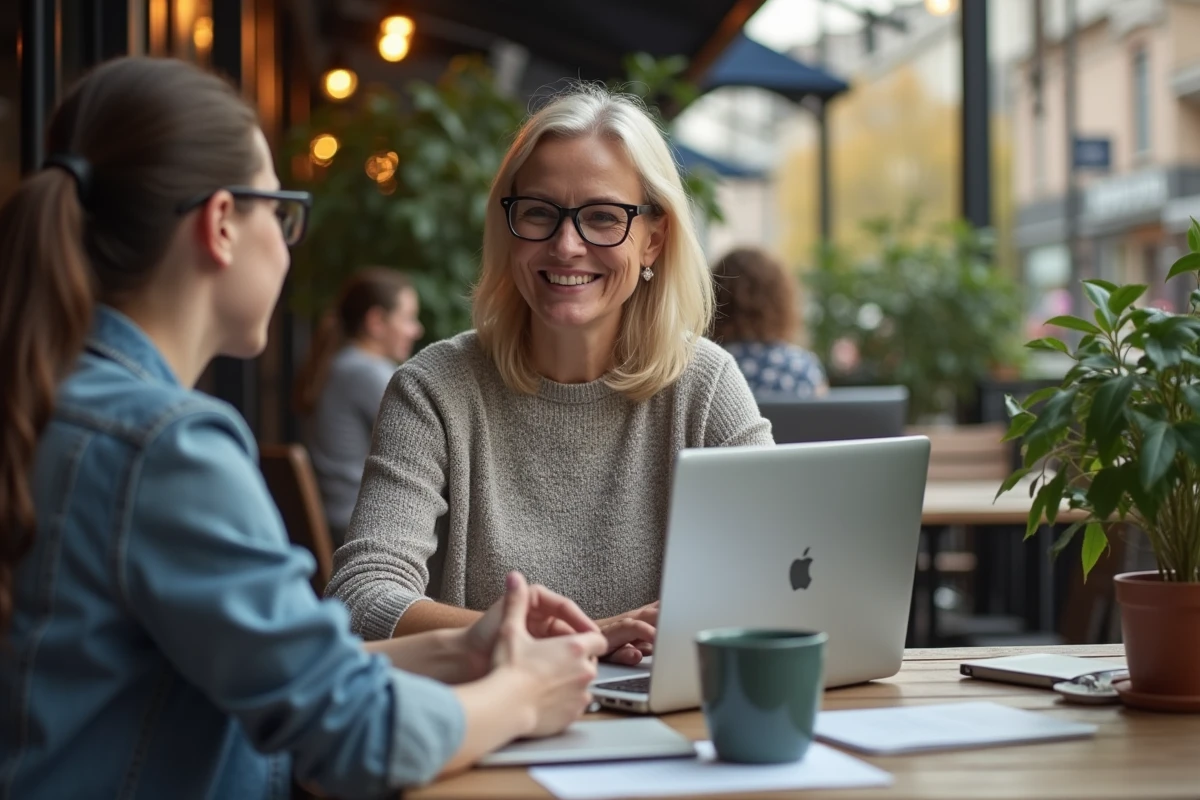 Femme âgée discutant avec étudiante sur terrasse de café