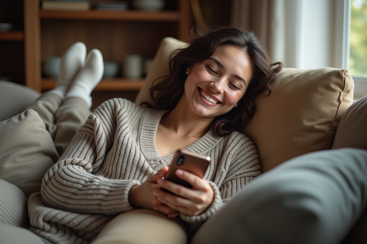 Jeune femme allongée sur un canapé qui rit en écrivant un message drôle à ses amis