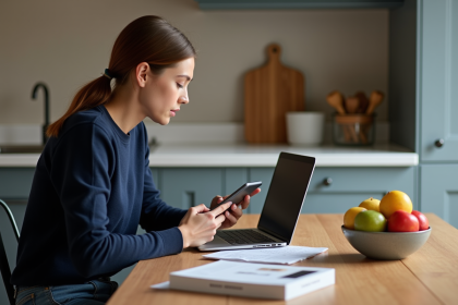 Jeune femme compare prix de tablettes Samsung à la maison