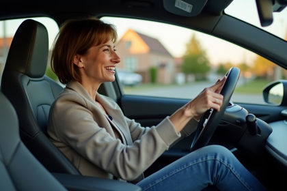 Femme souriante dans une voiture électrique moderne