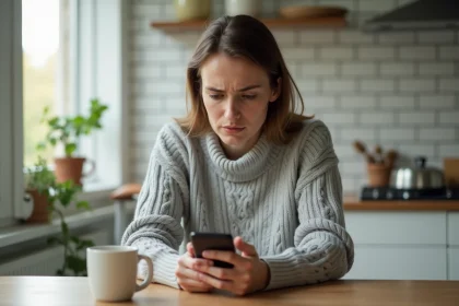 Femme utilisant son smartphone pour contacter le service clients Sosh depuis son appartement
