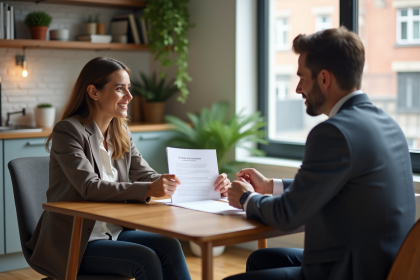 Femme souriante discutant contrat de location dans un appartement moderne