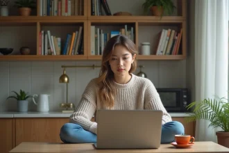 Jeune femme concentrée sur son ordinateur avec jeu Pedantix