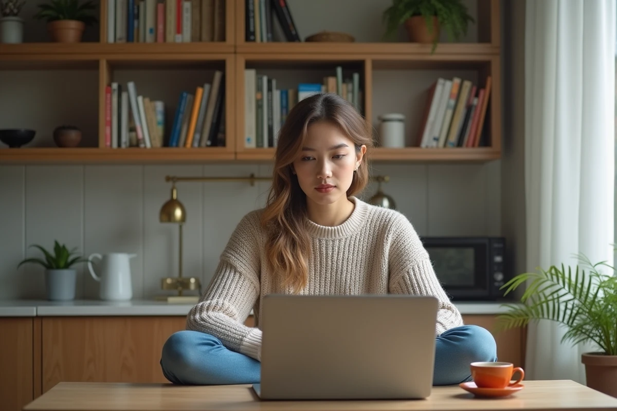 Jeune femme concentrée sur son ordinateur avec jeu Pedantix