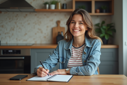 Femme assise à la cuisine en train de noter une liste