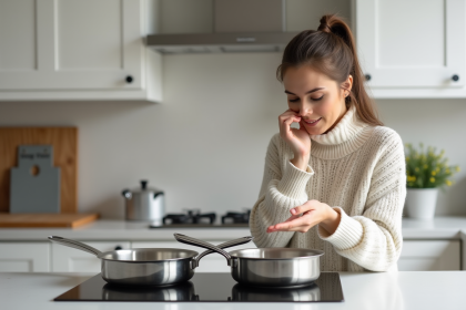 Femme comparant deux casseroles dans une cuisine moderne