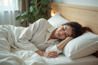 Femme en pyjamas confortables repose paisiblement au lit