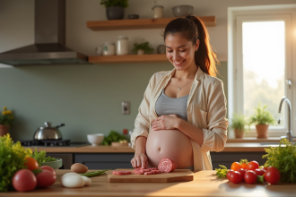 Femme enceinte cuisinant du chorizo dans une cuisine lumineuse