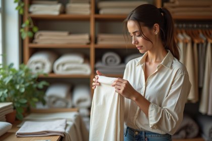 Femme examinant un tissu coton naturel en magasin