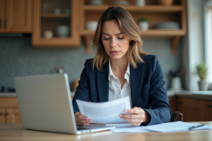 Femme d'affaires examine documents fiscaux à domicile