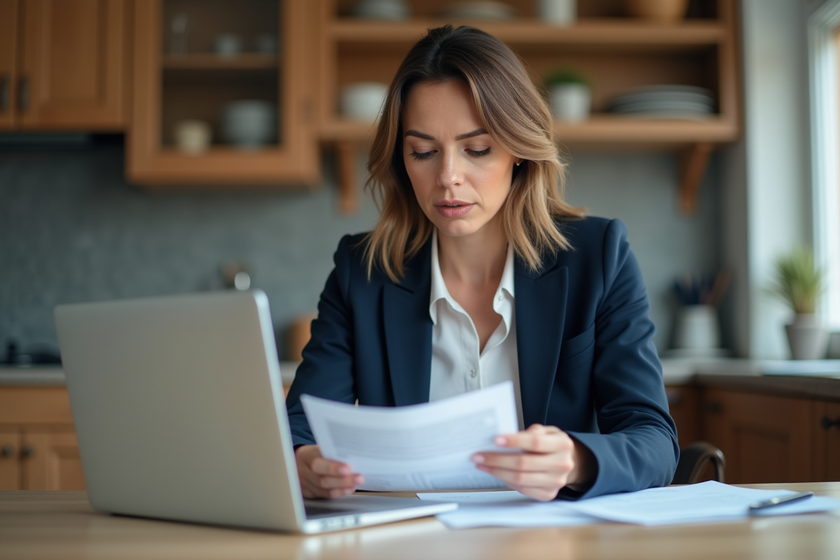 Femme d'affaires examine documents fiscaux à domicile