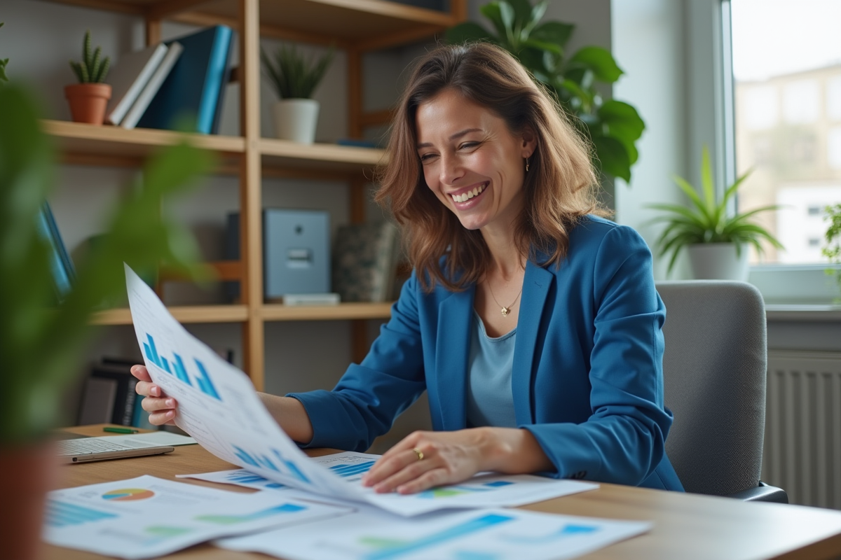Femme souriante analysant des graphiques financiers dans un bureau