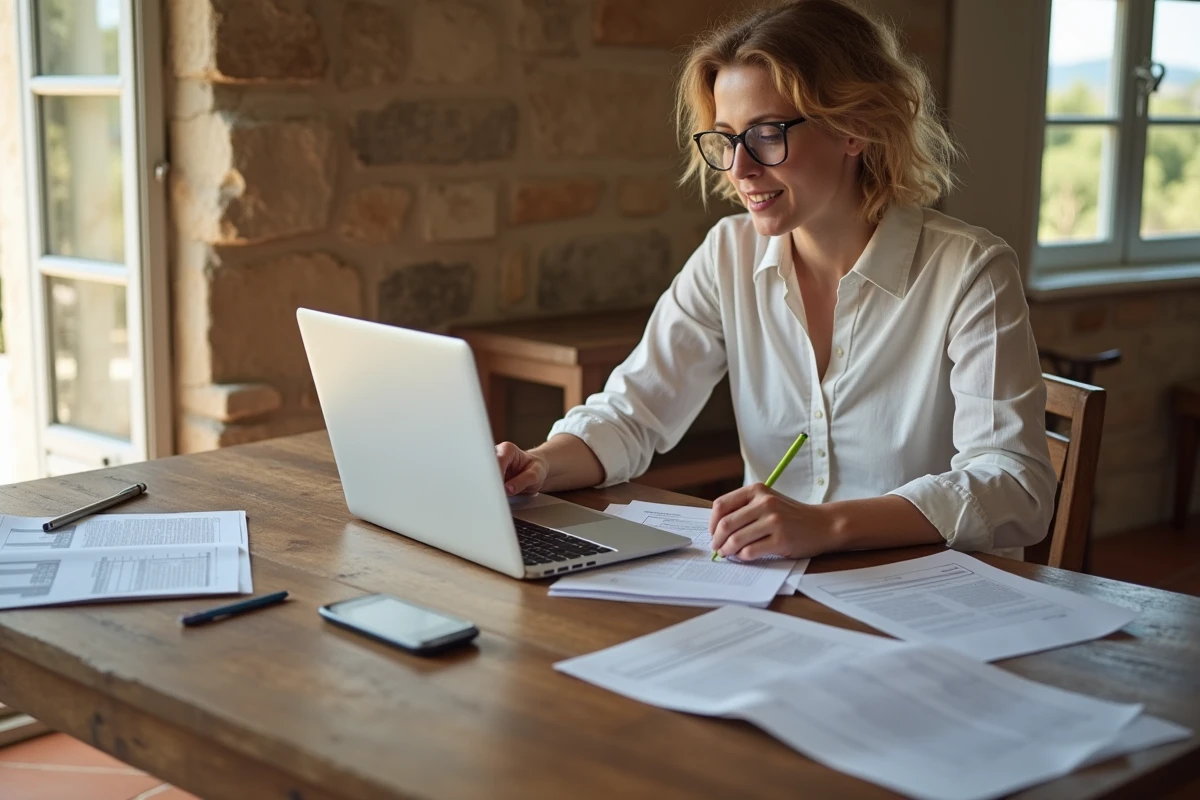 Jeune femme au bureau avec factures et ordinateur