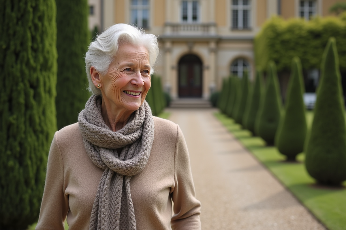 Femme âgée dans un jardin de château en promenade