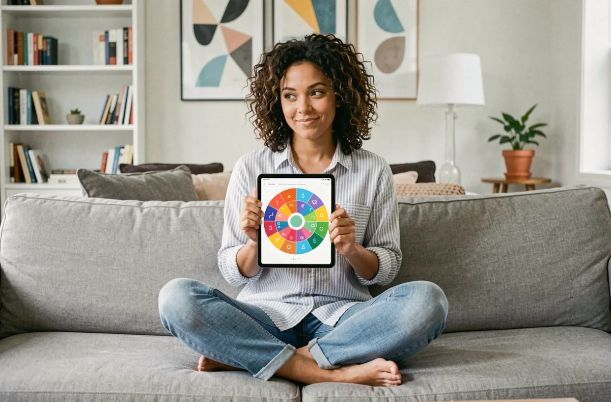 Femme testant une version personnalisée du jeu du demi-cercle sur tablette dans son salon