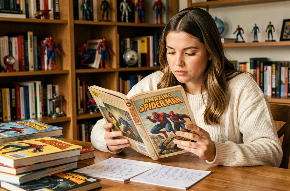 Jeune femme lisant des comics Amazing Spider-Man entourée de collectibles et de merchandising Spider-Verse à son bureau