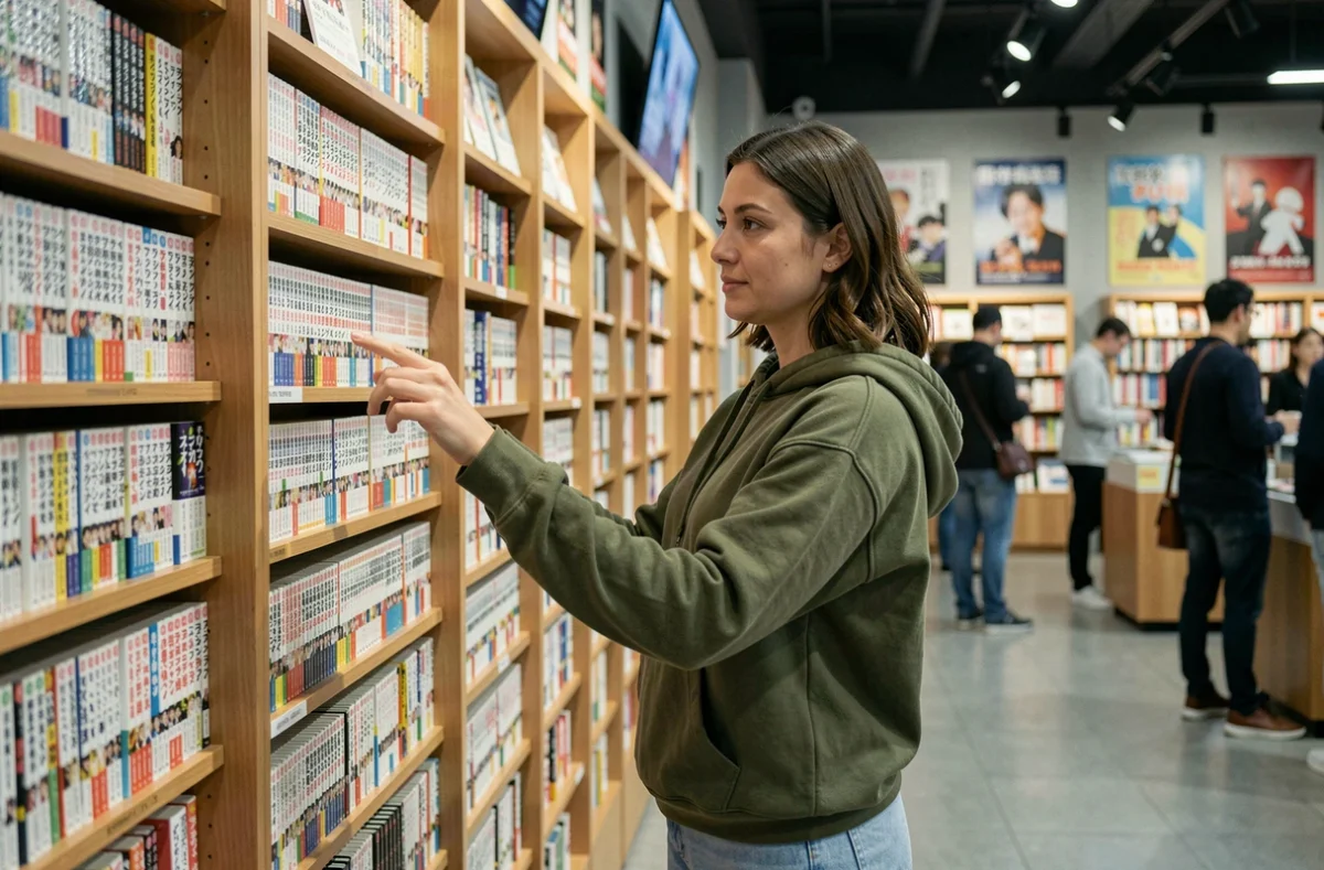 Femme parcourant une collection de mangas dans une librairie moderne, recherchant l'ordre de lecture d'une série