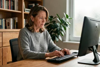 Femme consultant sa messagerie fixe Free sur un ordinateur de bureau à domicile, vérifiant la conservation de ses messages