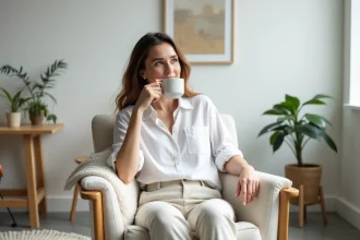 Jeune femme en blouse blanche dans un salon scandinave
