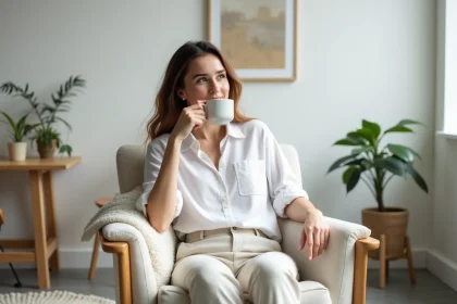 Jeune femme en blouse blanche dans un salon scandinave