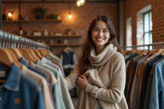 Femme souriante dans une boutique de mode durable
