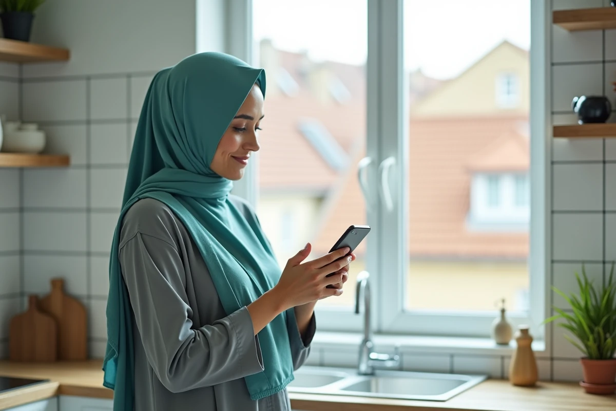 Femme musulmane consultant l'application des horaires de prière sur smartphone dans une cuisine moderne