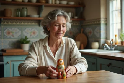 Femme d'âge moyen ouvrant des poupées russes dans la cuisine