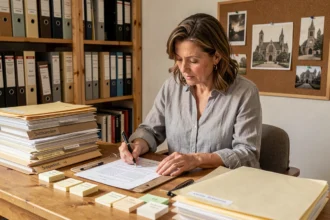 Femme organisant des archives de recherche sur les abbayes à son bureau avec des dossiers et fiches papier