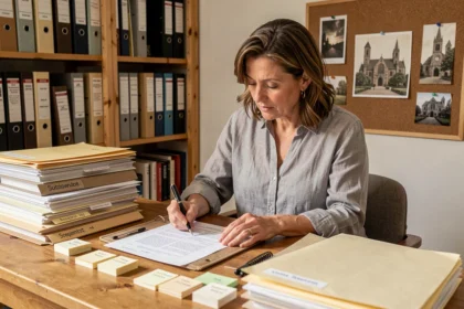 Femme organisant des archives de recherche sur les abbayes à son bureau avec des dossiers et fiches papier