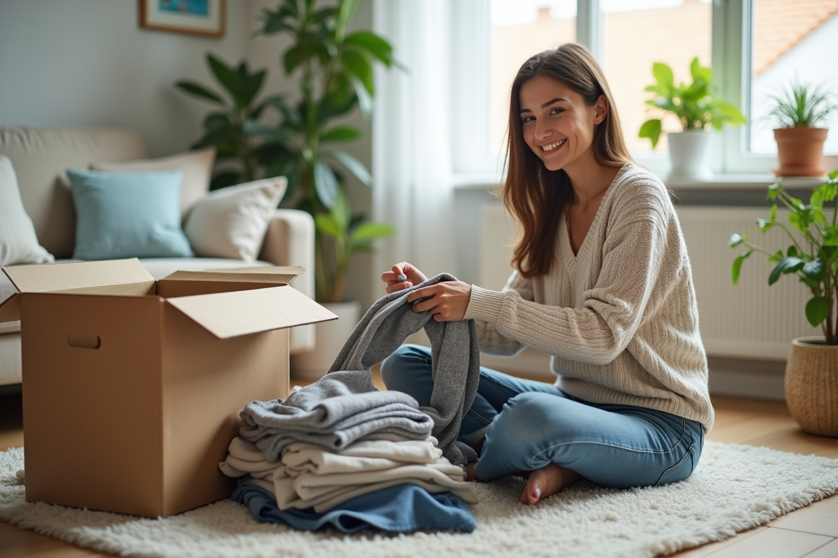 Jeune femme organisée pliant des vetements dans un salon lumineux