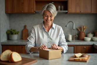 Femme ouvrant un colis de foie gras dans sa cuisine chaleureuse