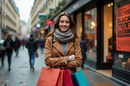 Femme parisienne souriante avec sacs de shopping color&eacute;s