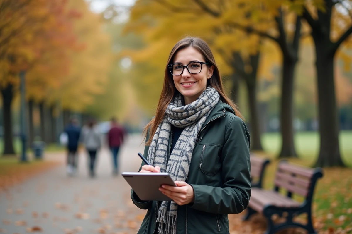 Femme dans un parc en train de prendre des notes