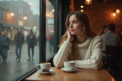 Femme pensive dans un café regardant par la fenêtre sous la pluie, perdue dans ses pensées, illustrant les signes que quelqu'un pense à vous