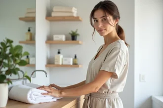 Jeune femme plie des serviettes dans une salle de bain lumineuse
