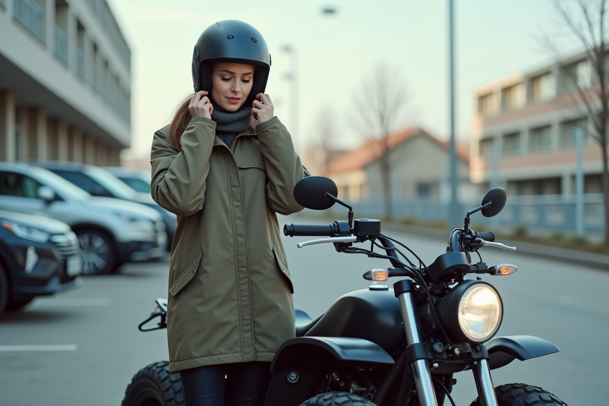 Femme ajustant son casque devant quad en ville