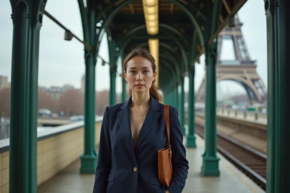 Femme professionnelle sur le quai aérien de la ligne 6 du métro parisien avec la Tour Eiffel en arrière-plan