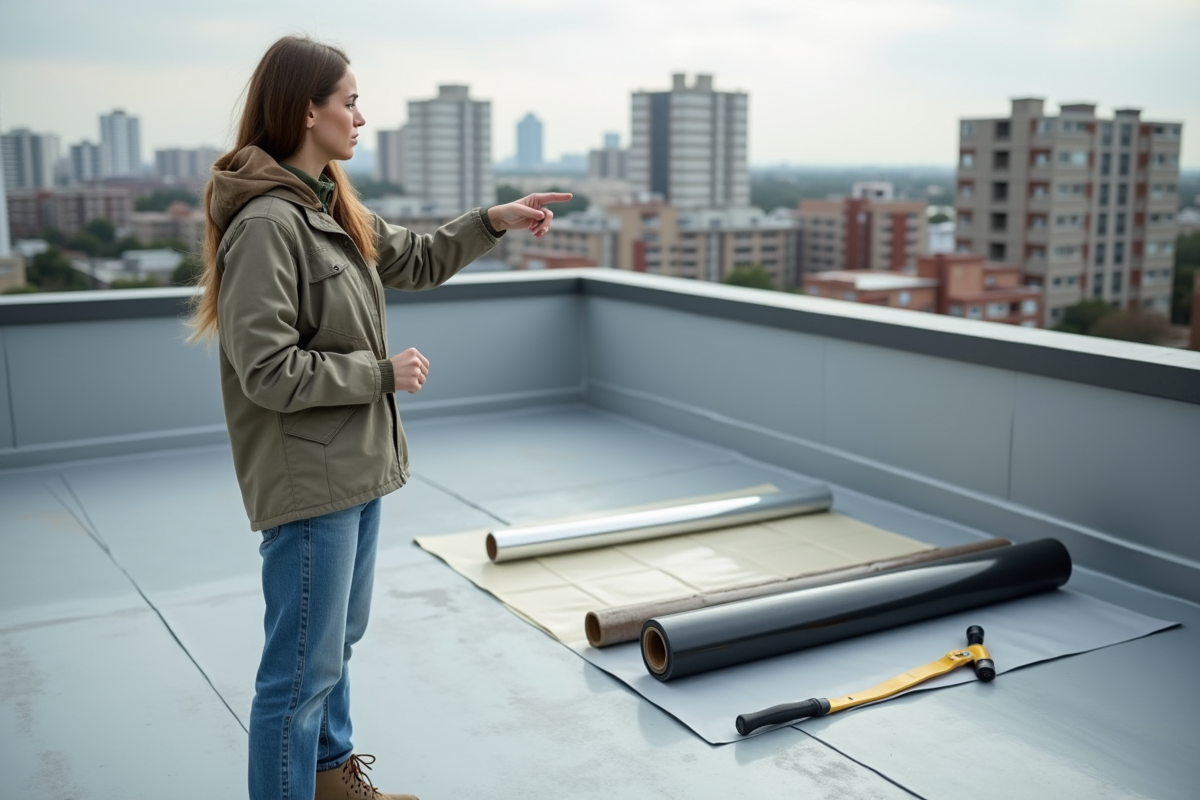 Femme pointant des matériaux d
