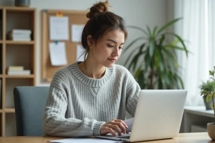 Femme consultant un annuaire téléphonique papier et un ordinateur portable pour une recherche en annuaire inversé en ligne