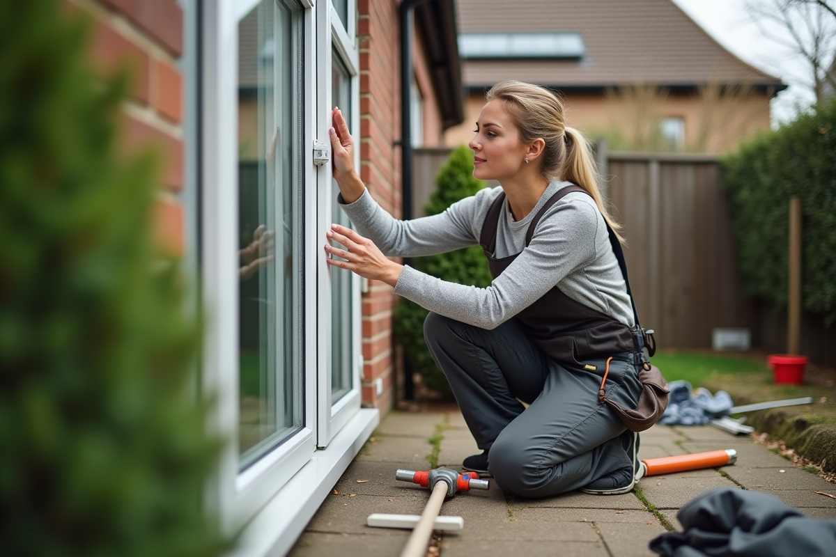Femme remplaçant une fenêtre dans un jardin en rénovation
