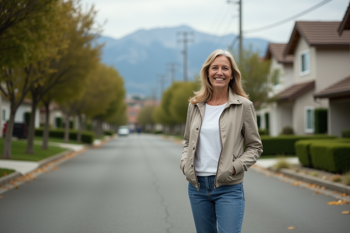 Femme d'âge moyen souriante dans un quartier résidentiel calme