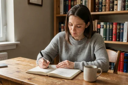 Femme concentrée révisant une règle de grammaire française dans un bureau à domicile