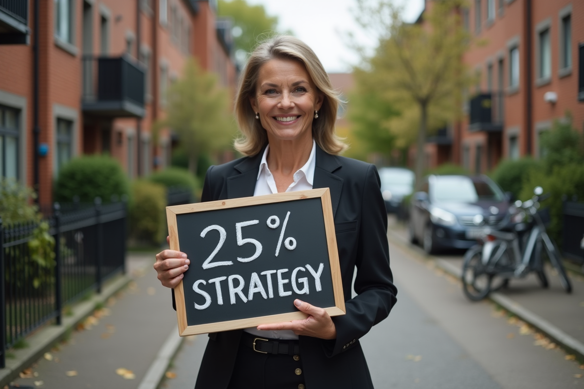 Femme tenant un tableau avec strategie immobiliere en extérieur