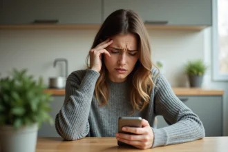 Femme stressée regardant son téléphone après avoir reçu des appels harcelants d'un numéro inconnu
