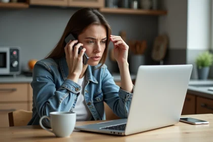Femme au t&eacute;l&eacute;phone dans une cuisine moderne et chaleureuse